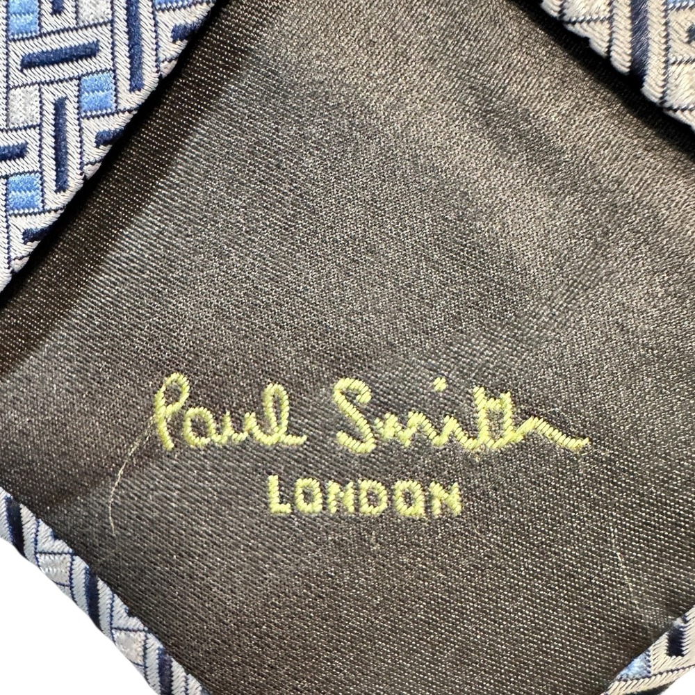 Paul Smith London 100% Silk‎ Geometric Pattern Necktie Mens Blue Silver EUC - Picture 4 of 5